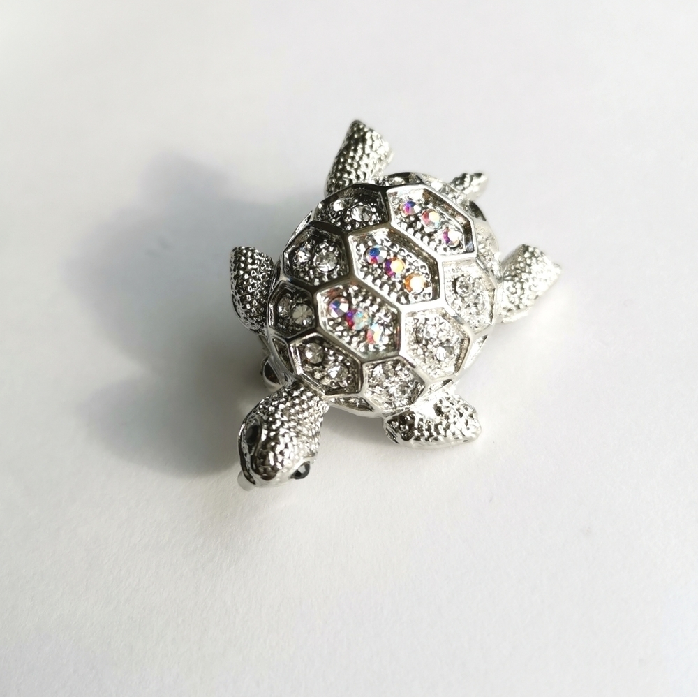 New, silver tone crystal turtle brooch pin pendant